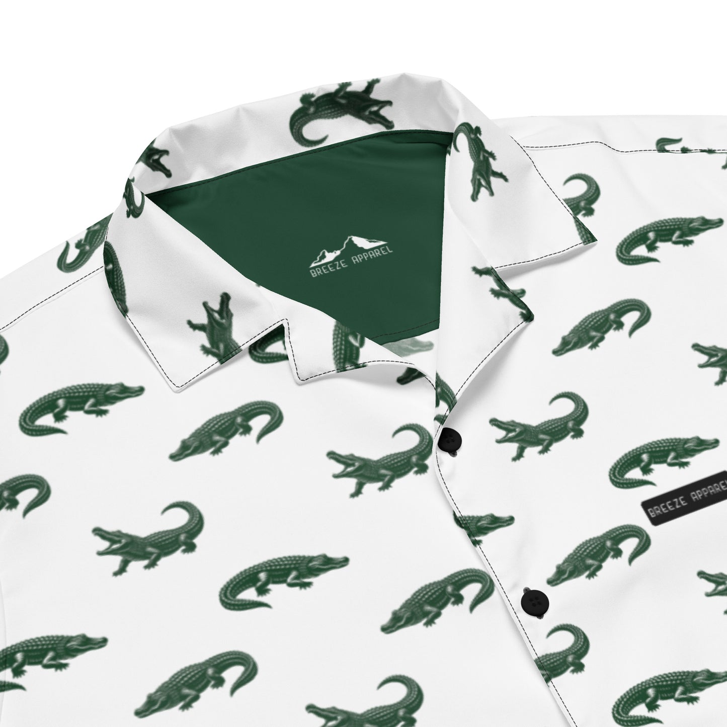 White button-down shirt with pattern of green alligators.