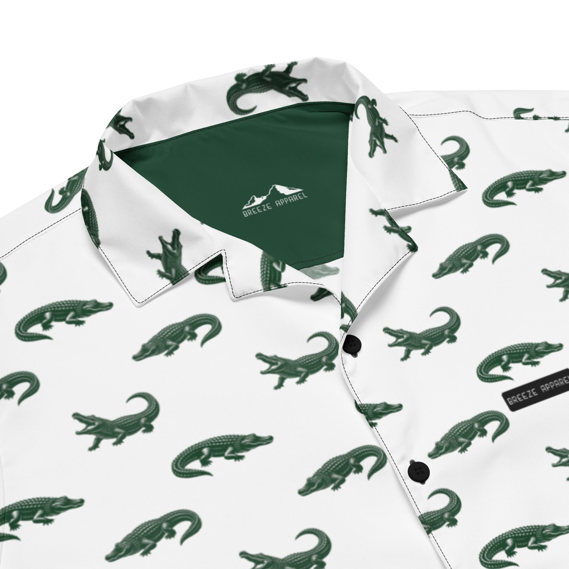 White button-down shirt with pattern of green alligators.