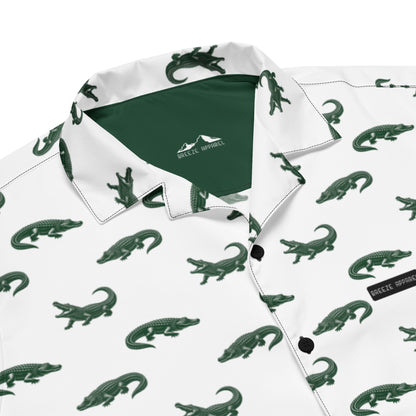 White button-down shirt with pattern of green alligators.