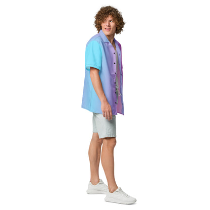 Man wearing button-down shirt with color scheme that fades from light blue, to purple, to pink.