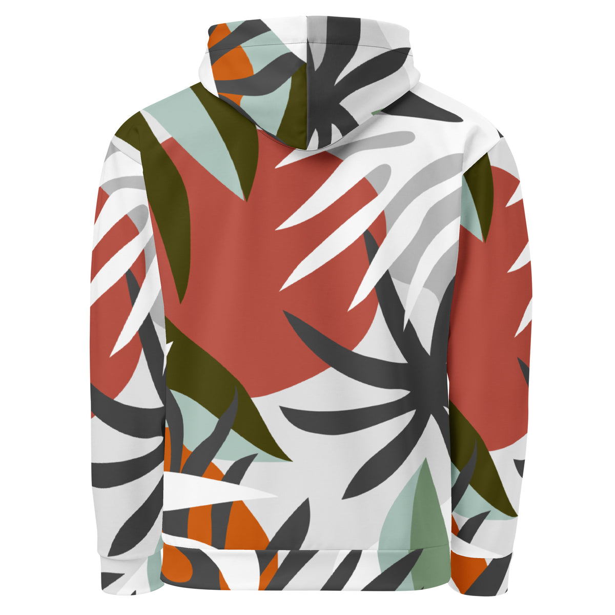 Back of hoodie with a red, black, green, orange, and white floral-geometric design