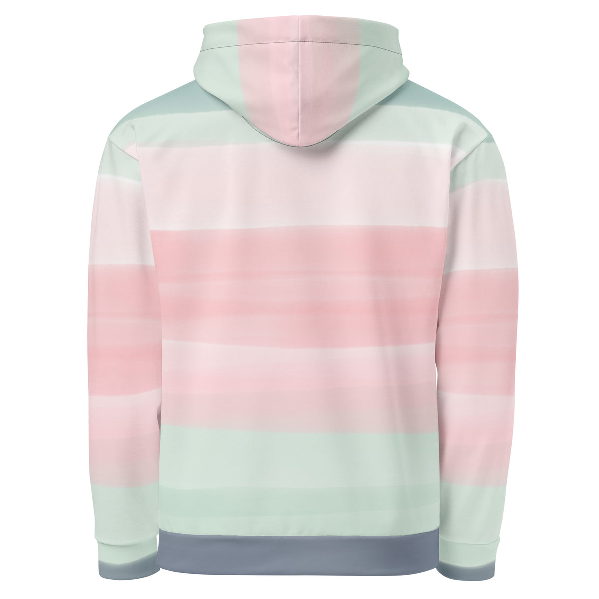 Rear view of hoodie with colors light pastel green, shades of pink, and gray in stripes.