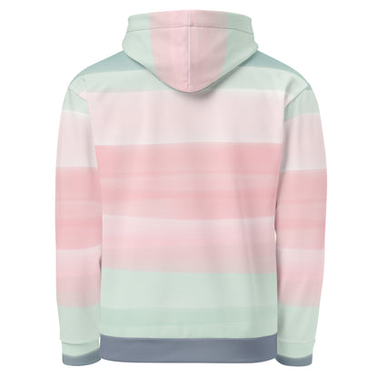 Rear view of hoodie with colors light pastel green, shades of pink, and gray in stripes.