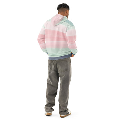 Rear view of man wearing hoodie with colors light pastel green, shades of pink, and gray in stripes.