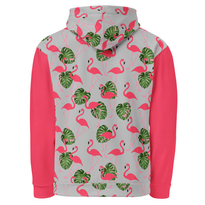 Rear view of hoodie with an all-over flamingo design on a gray background, with pink sleeves.