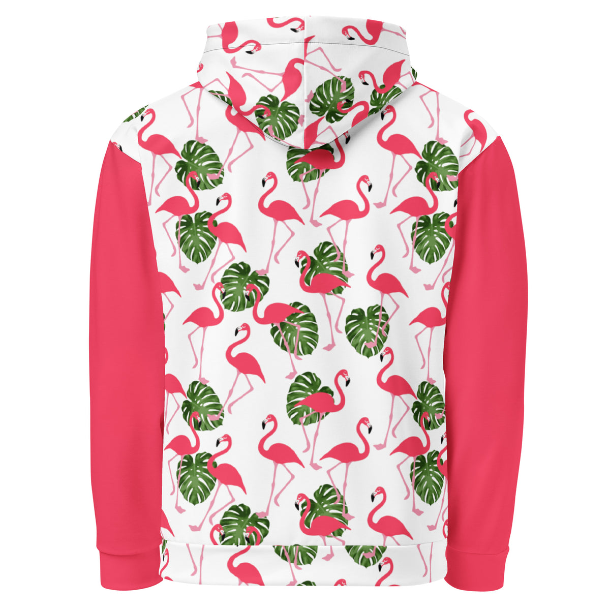 Rear view of hoodie with an all-over flamingo design set on a white background, with pink sleeves.