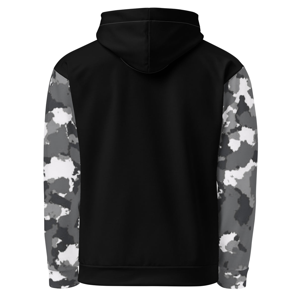 Black backside of hoodie. Sleeves have a black-gray-white camouflage pattern.