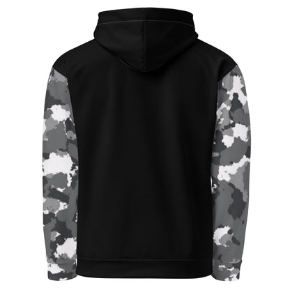 Black backside of hoodie. Sleeves have a black-gray-white camouflage pattern.