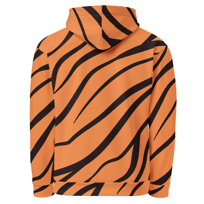 Backside of hoodie with a tiger-print design