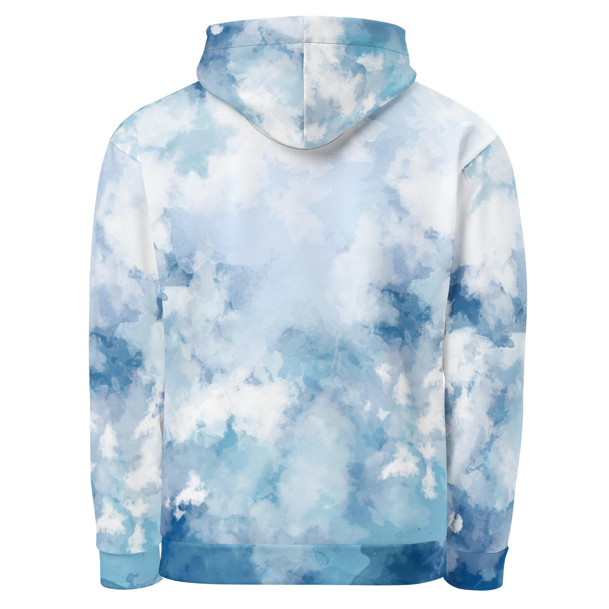 Backside of hoodie with a blue watercolor-style design.