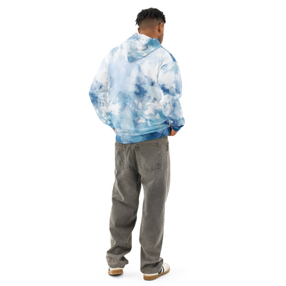 Rear view of man wearing hoodie with a blue watercolor-style design.