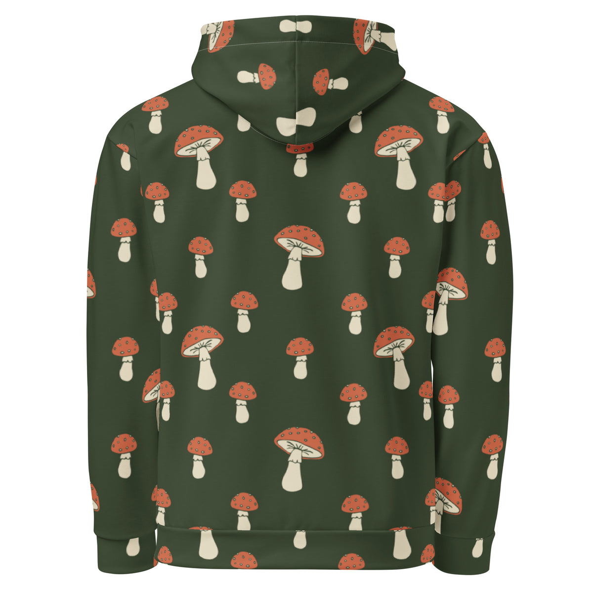 Backside of forest-green hoodie with all-over mushroom pattern