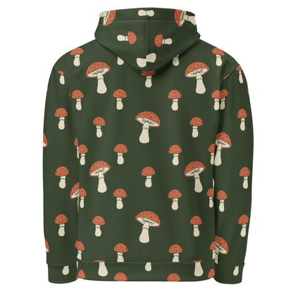 Backside of forest-green hoodie with all-over mushroom pattern