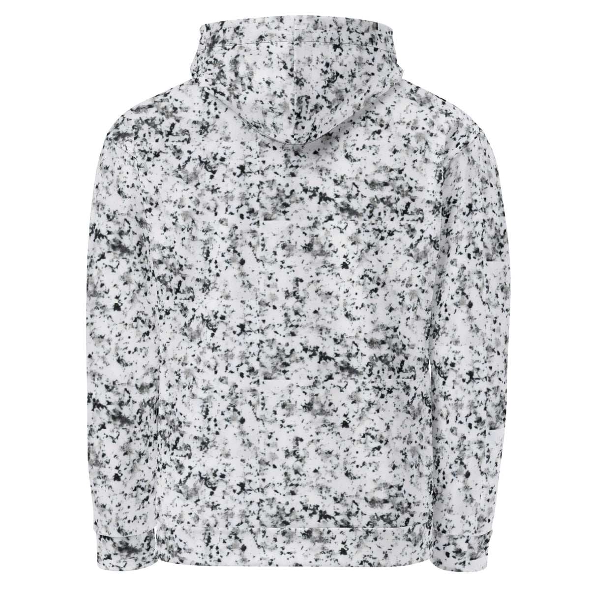 Backside of white hoodie with black splotches, resembling a marble countertop.