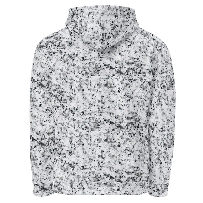 Backside of white hoodie with black splotches, resembling a marble countertop.