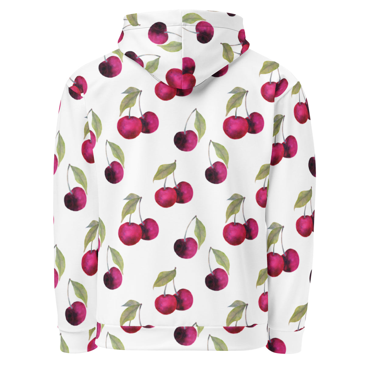 Backside of a white hoodie with an all-over cherries design.