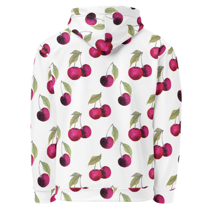 Backside of a white hoodie with an all-over cherries design.