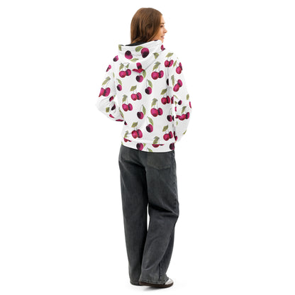 Rear view of woman wearing a white hoodie with an all-over cherries design.