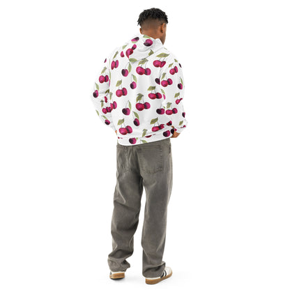 Rear view of man wearing a white hoodie with an all-over cherries design.