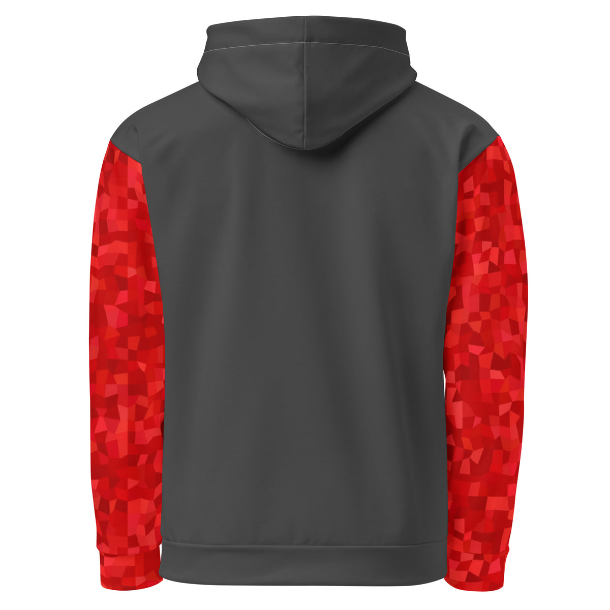 Backside of dark-gray hoodie with a red geometric pattern on sleeves.