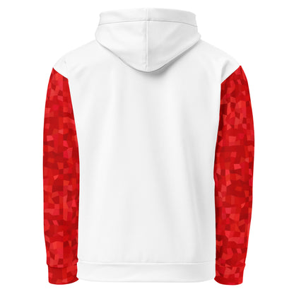White backside of hoodie with a red geometric pattern on the sleeves.