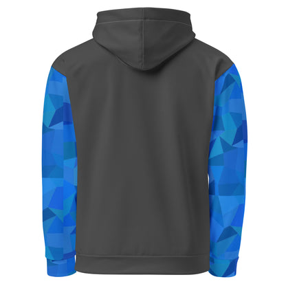 Back of dark-gray hoodie with blue geometric pattern on sleeves.