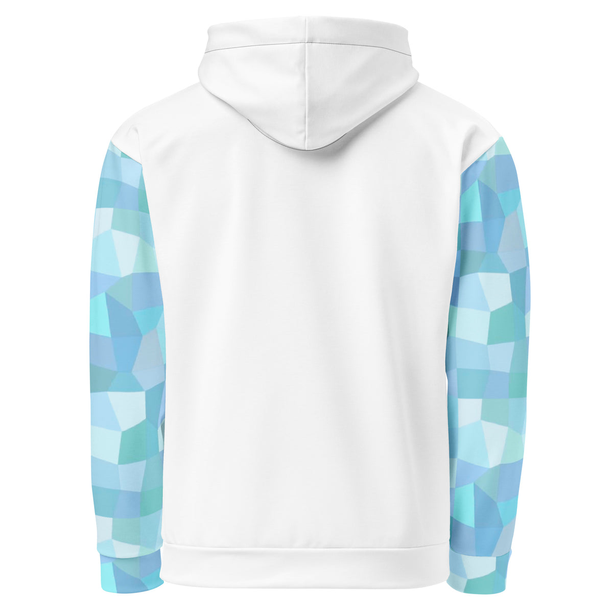 Back of white hoodie with cyan geometric pattern on sleeves.