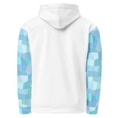 Back of white hoodie with cyan geometric pattern on sleeves.