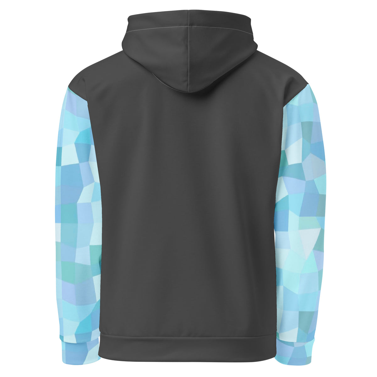 Back of dark-gray hoodie with cyan geometric pattern on sleeves