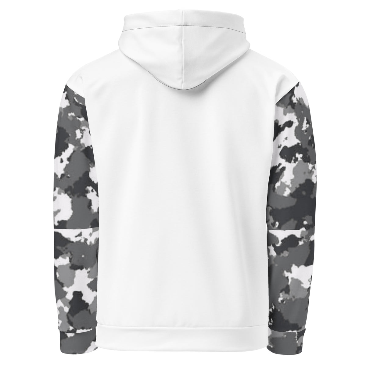 White backside of hoodie. Sleeves have a black-gray-white camouflage pattern.