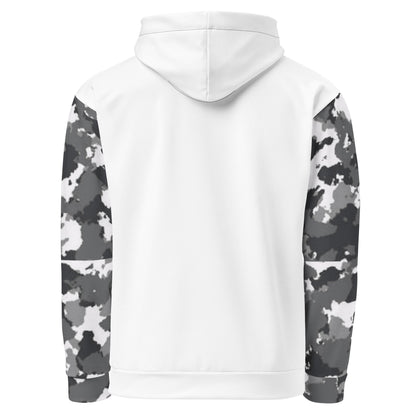White backside of hoodie. Sleeves have a black-gray-white camouflage pattern.