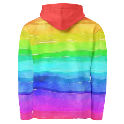 Back of hoodie with rainbow color scheme resembling watercolor.