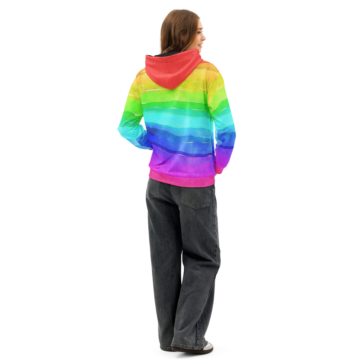 Rear view of woman wearing hoodie with rainbow color scheme resembling watercolor.