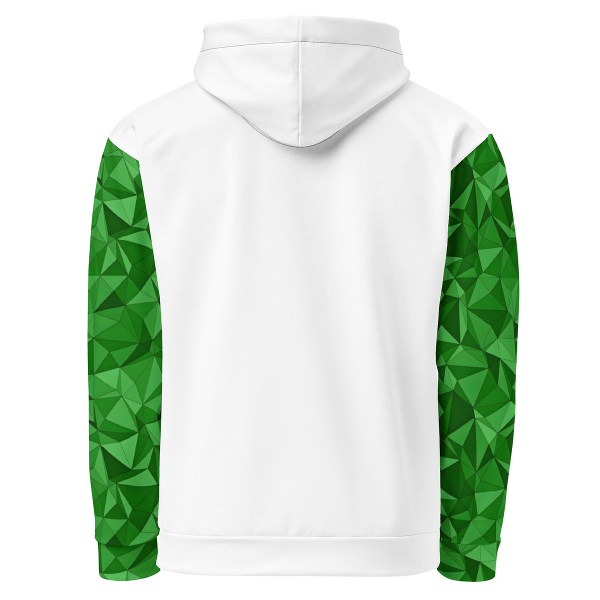 White back of hoodie. Sleeves have green geometric pattern.