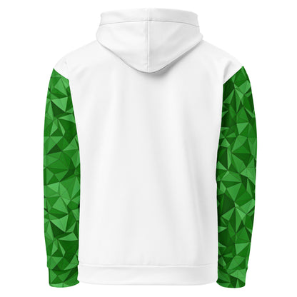 White back of hoodie. Sleeves have green geometric pattern.
