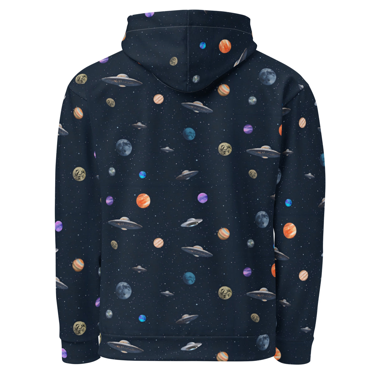 Back of hoodie with pattern of UFOs and planets in space. 