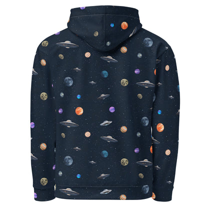 Back of hoodie with pattern of UFOs and planets in space. 