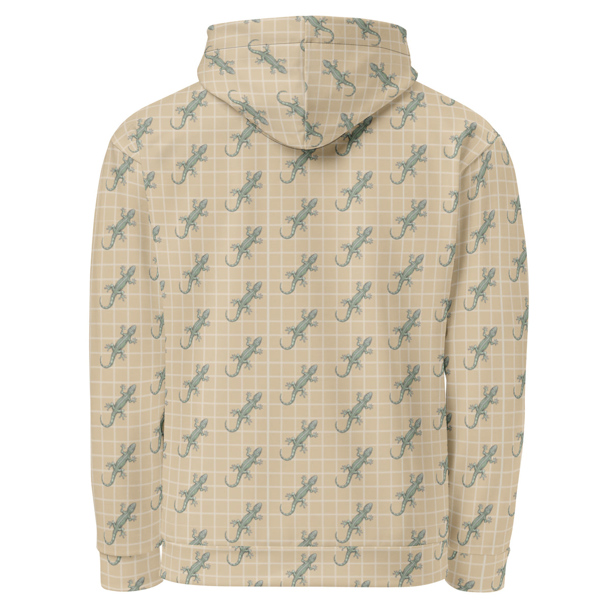 Back of beige hoodie with pattern of green geckos.