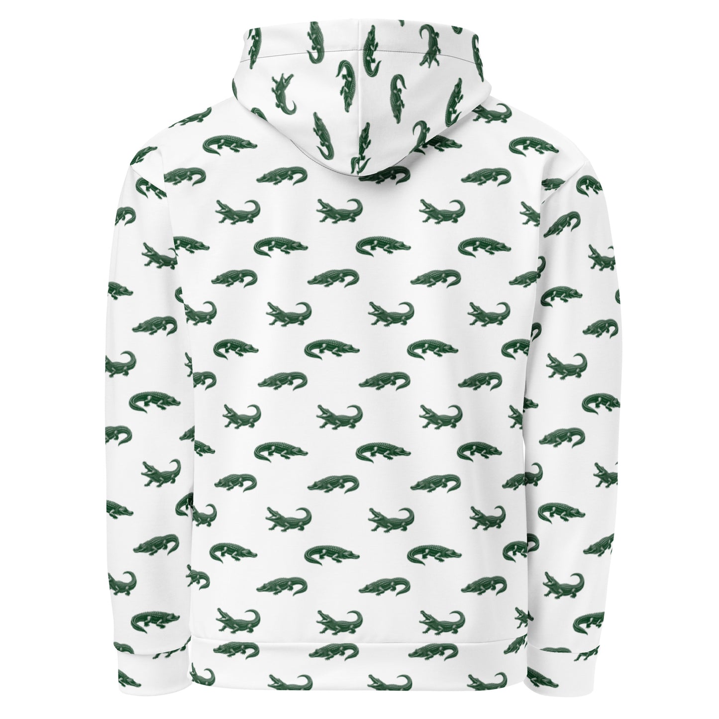 White sweatshirt with pattern of green alligators.