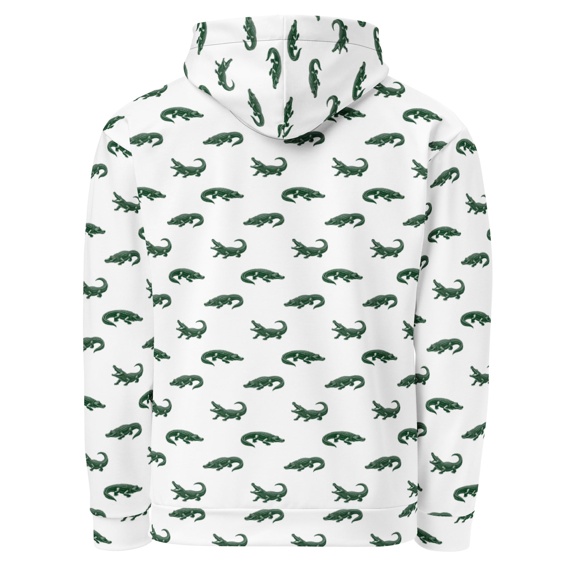 White sweatshirt with pattern of green alligators.