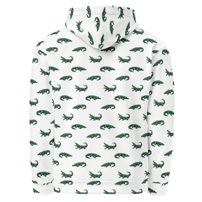White sweatshirt with pattern of green alligators.
