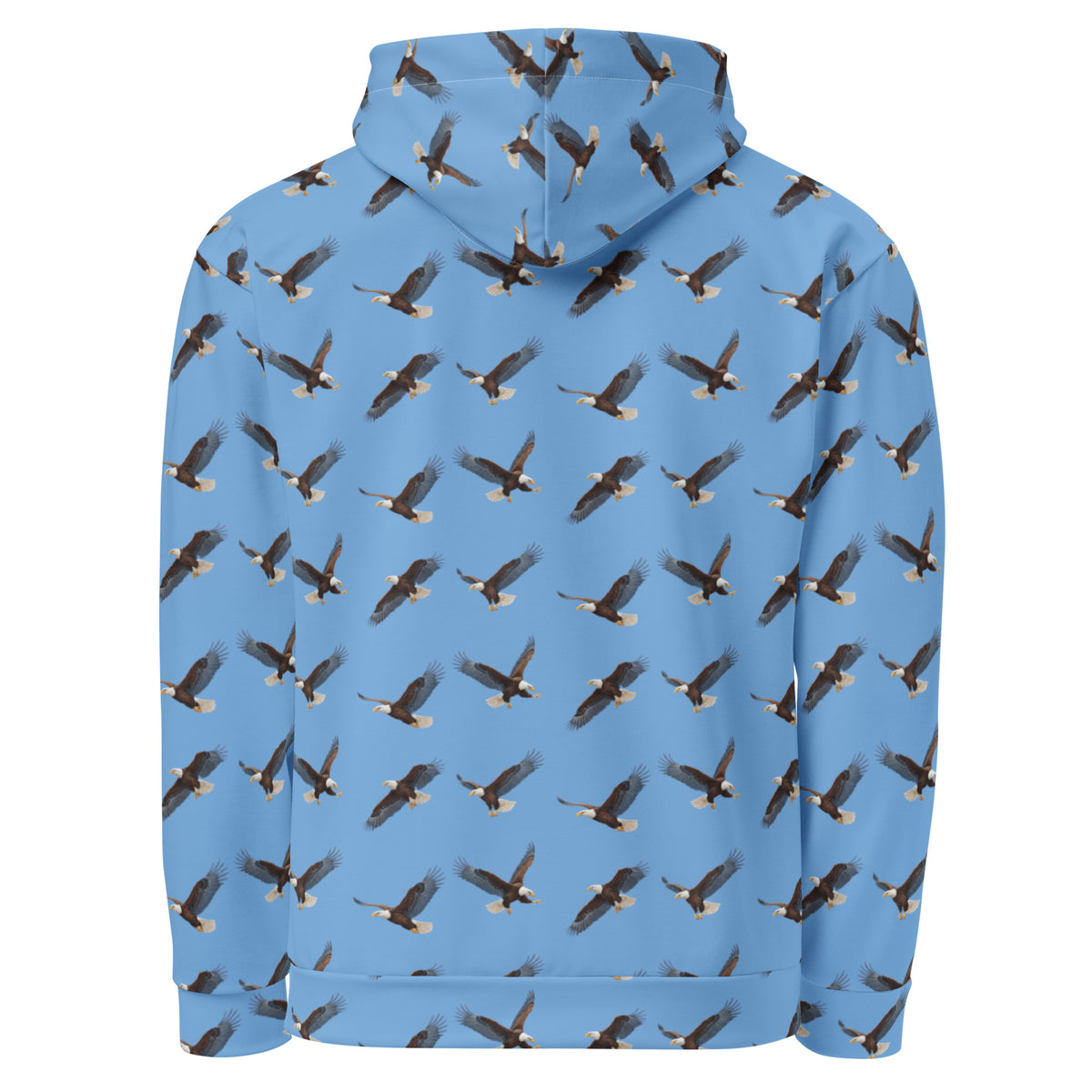 Blue hoodie with pattern of bald eagles.