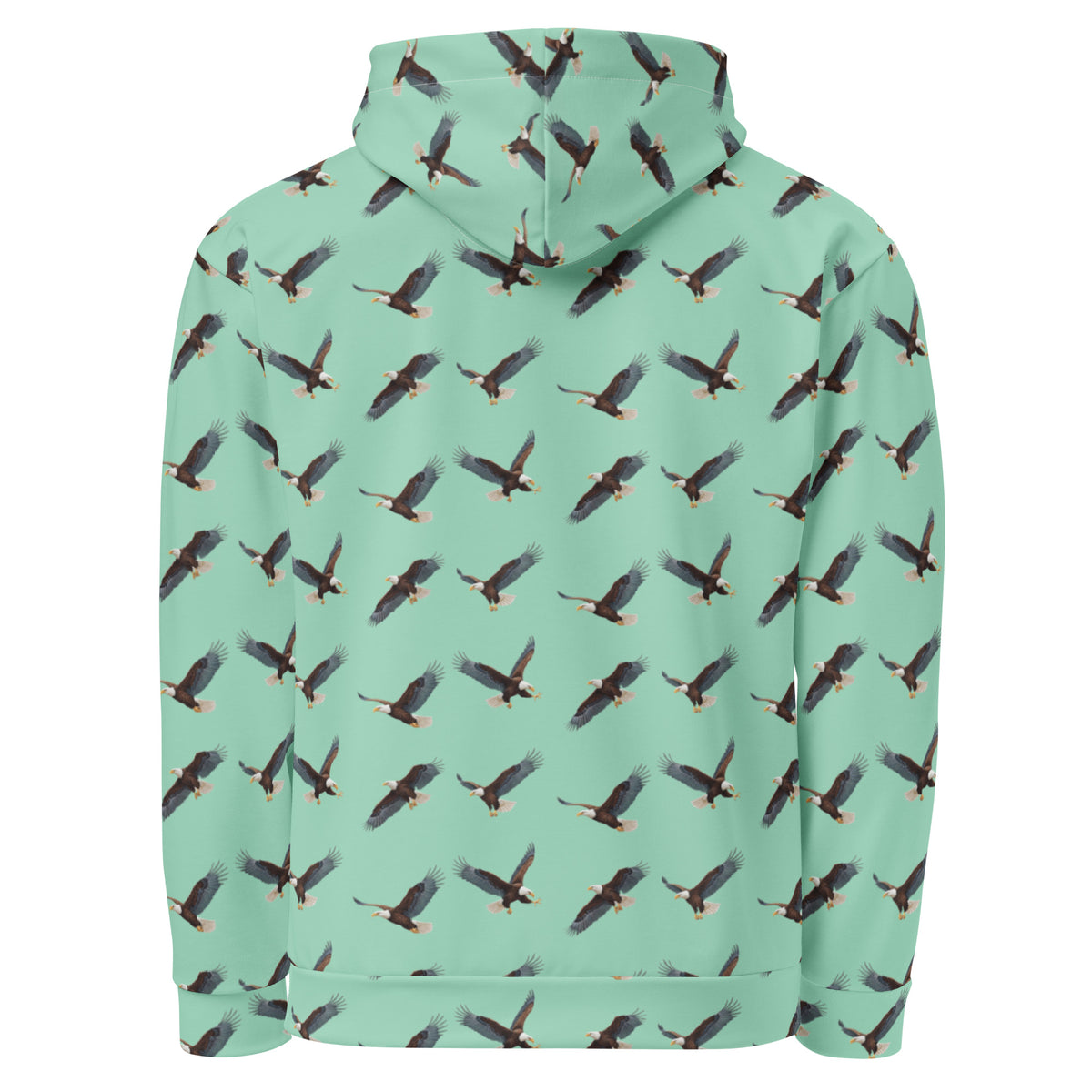 Green hoodie with pattern of bald eagles.