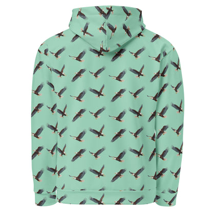 Green hoodie with pattern of bald eagles.