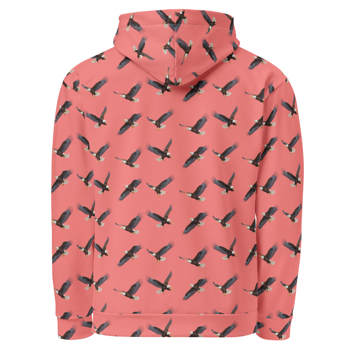 Red hoodie with pattern of bald eagles.
