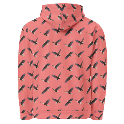 Red hoodie with pattern of bald eagles.