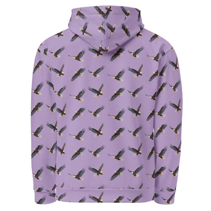 Purple hoodie with pattern of bald eagles.