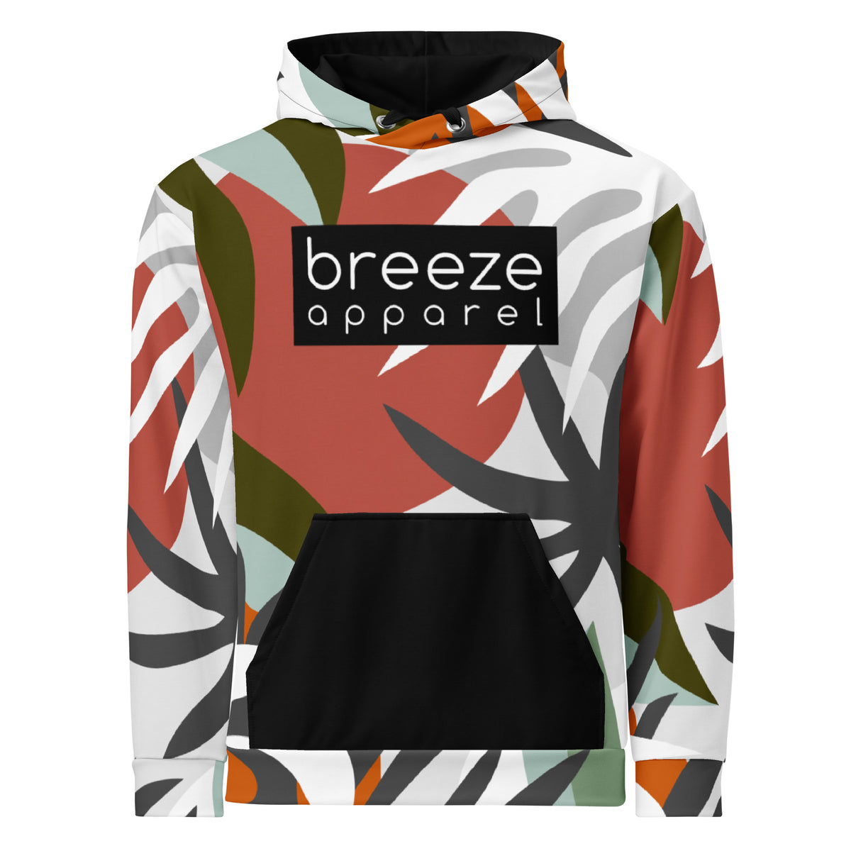Hoodie with a red, black, green, orange, and white floral-geometric design, with a black pocket, black drawstrings tucked inside, and a 'breeze apparel' logo  consisting of white wording set in a black rectangle across the chest.