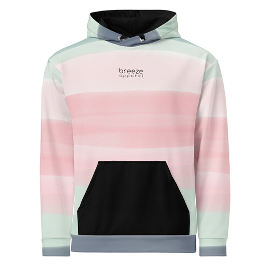 Hoodie with colors light pastel green, shades of pink, and gray in stripes, a black pocket, and 'breeze apparel' written in small text on chest.