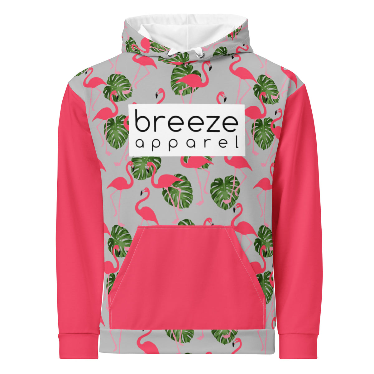 Hoodie with an all-over flamingo design set on a gray background, with a pink pocket and sleeves, white drawstrings tucked into front, and a 'breeze apparel' logo consisting of black wording set in a white rectangle across the chest.